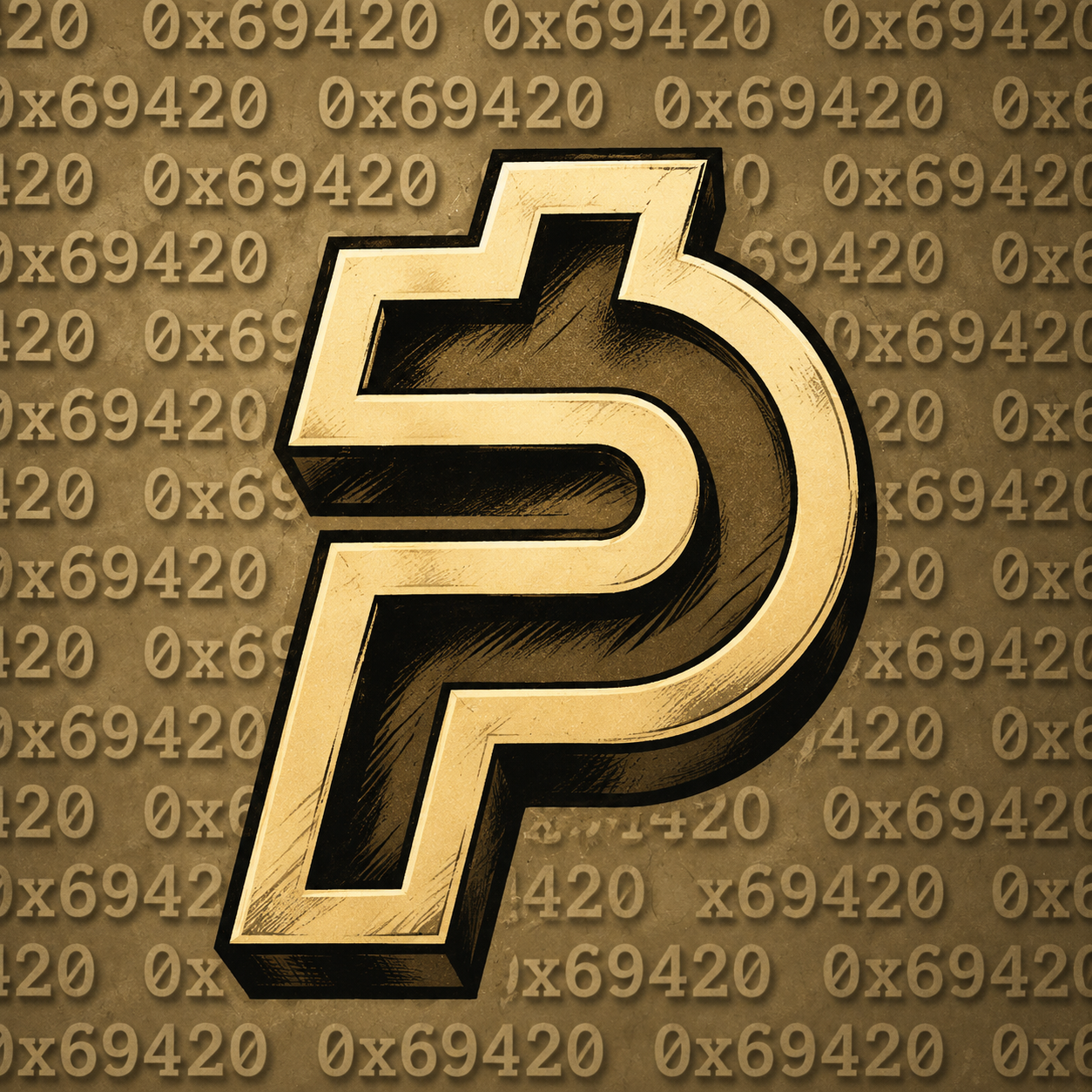 Golden PAIDMASK symbol embossed over a textured 0x69420 background